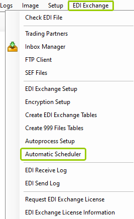 The "Automatic Scheduler" option is under the "EDI Exchange" tab. The "Automatic Scheduler" option is under the "EDI Exchange" tab.