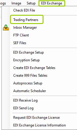 The "Trading Partners" option is under the "EDI Exchange" tab.