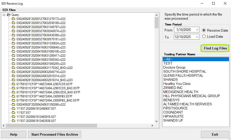 The displayed logs are within the "EDI Files" box. The displayed logs are within the "EDI Files" box.
