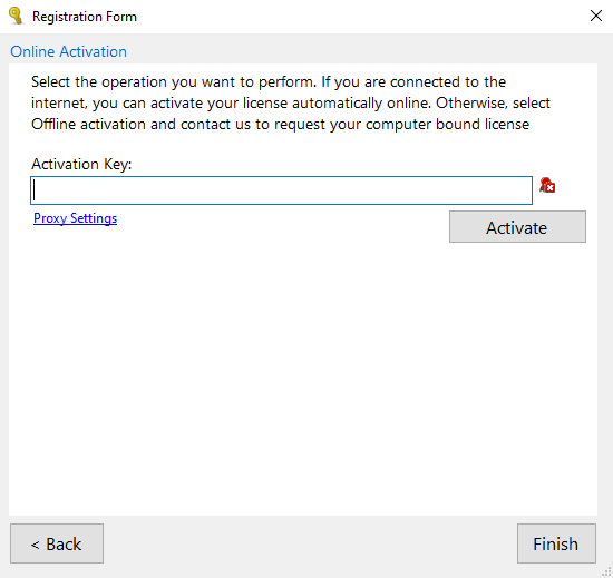 The "Activation Key" box for the Online Activation.