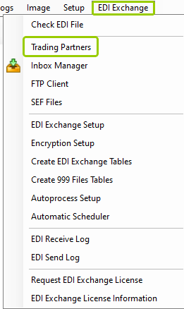 The "Trading Partners" option is under the "EDI Exchange" tab.