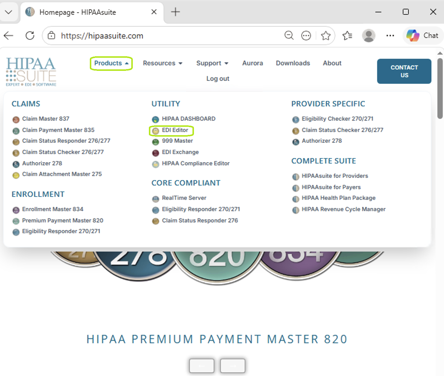 The "EDI Editor" option is under the Products drop-down menu.