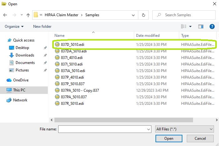 File browser. A sample 837 EDI file is selected. File browser. A sample 837 EDI file is selected.