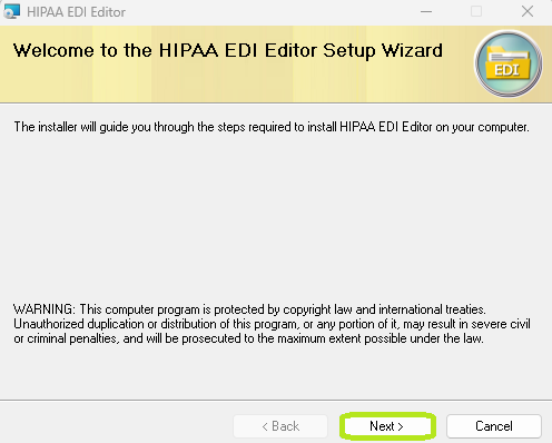 The HIPAA EDI Editor Setup Wizard Window.