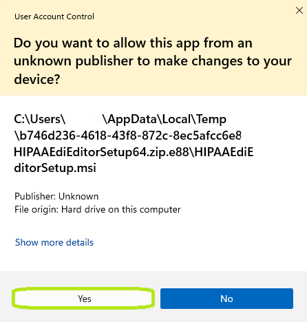 "Unknown Publisher" pop-up.
