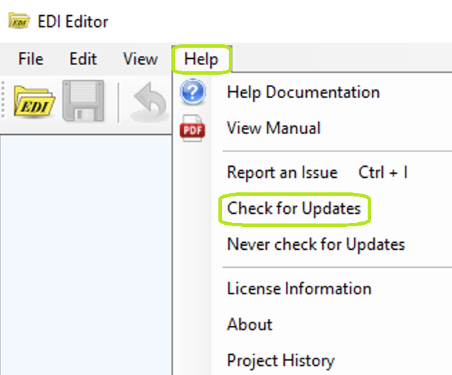 The "Check for Updates" option is under the "Help" drop-down menu.