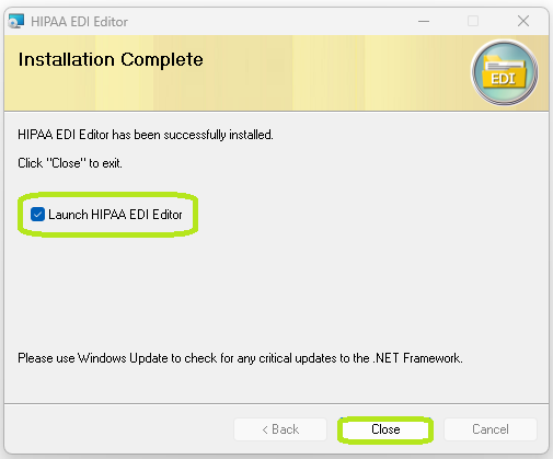 This window confirms the installation of the updated HIPAA EDI Editor application.