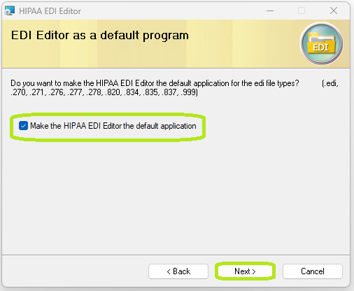 Check the box to make the HIPAA EDI Editor the default application.