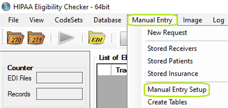 The "Manual Entry" menu and "Manual Entry Setup" button. The "Manual Entry" menu and "Manual Entry Setup" button.