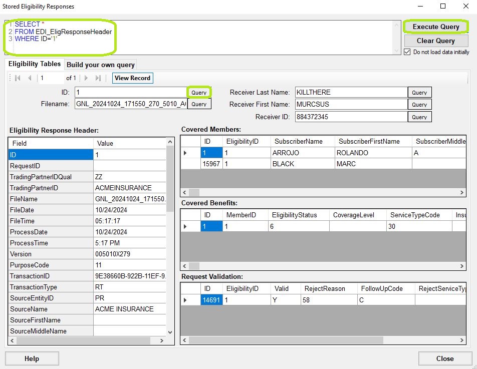 The "Stored Eligibility Responses" window is showing a record from the database.