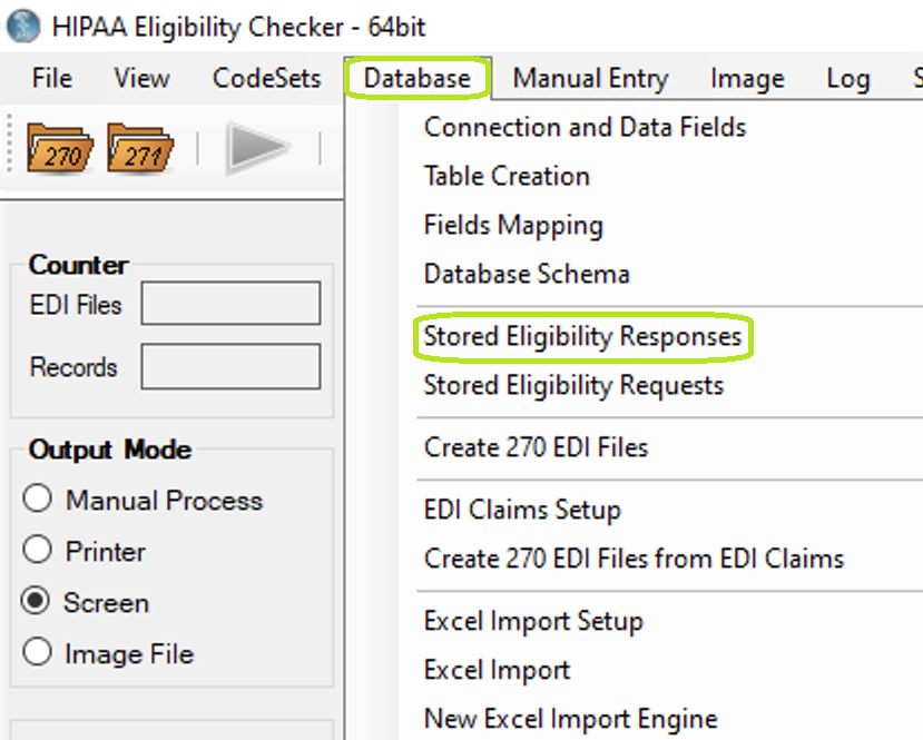 The menu item "Stored Eligibility Responses."