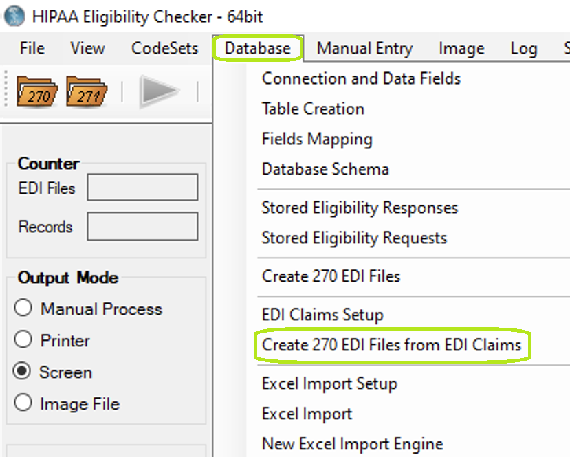 "Create 270 EDI Files from EDI Claims" option under "Database" menu.
