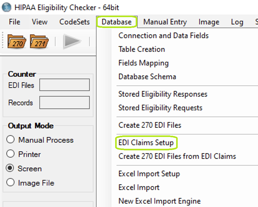 "EDI Claims Setup" option under "Database" menu.