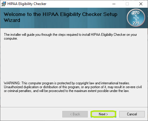 The "HIPAA Eligibility Checker" window with the setup wizard. The "HIPAA Eligibility Checker" window with the setup wizard.