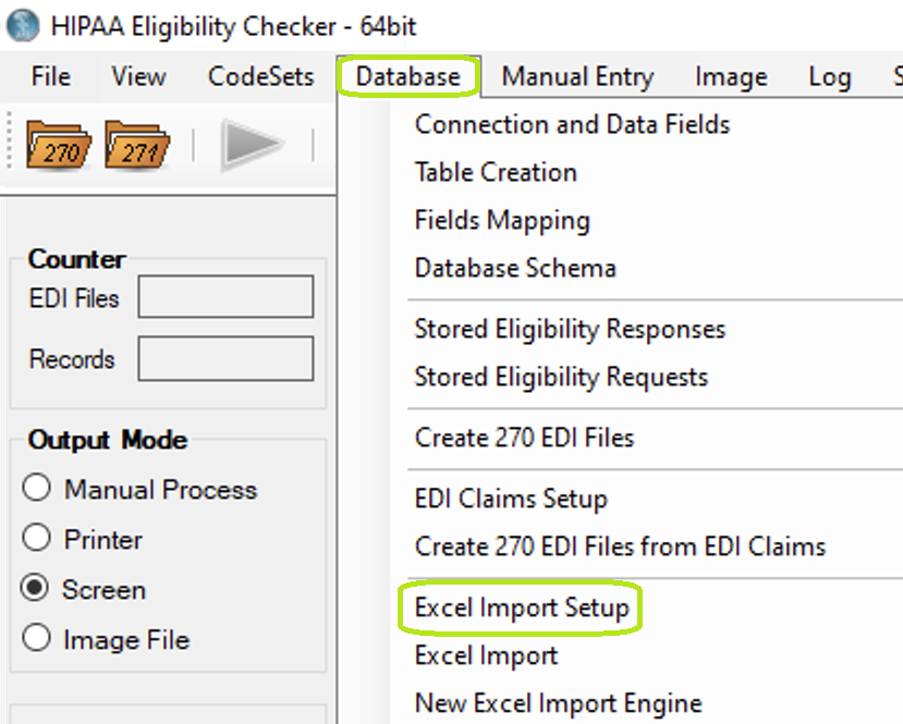 The "Excel Import Setup" option is under the "Database" tab. The "Excel Import Setup" option is under the "Database" tab.