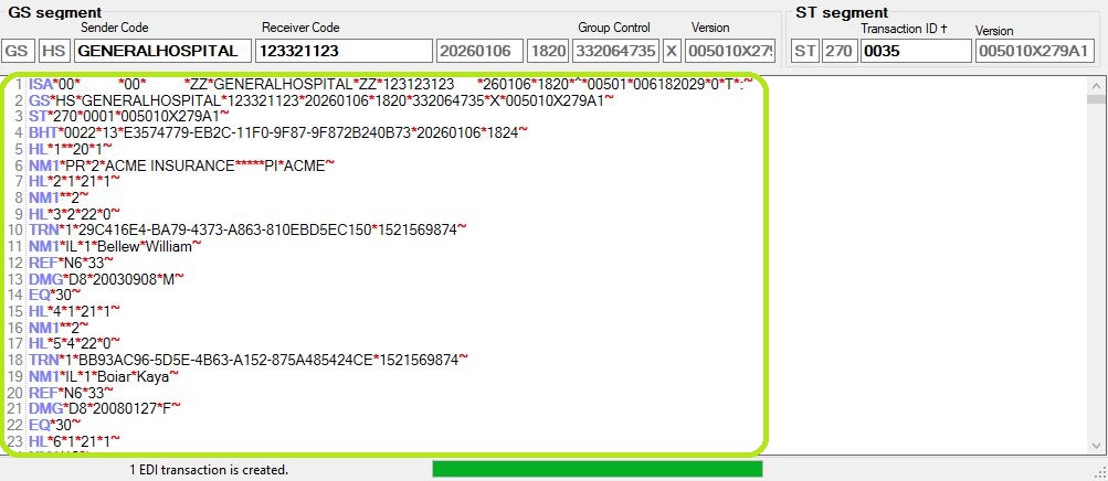 The EDI file content displayed.