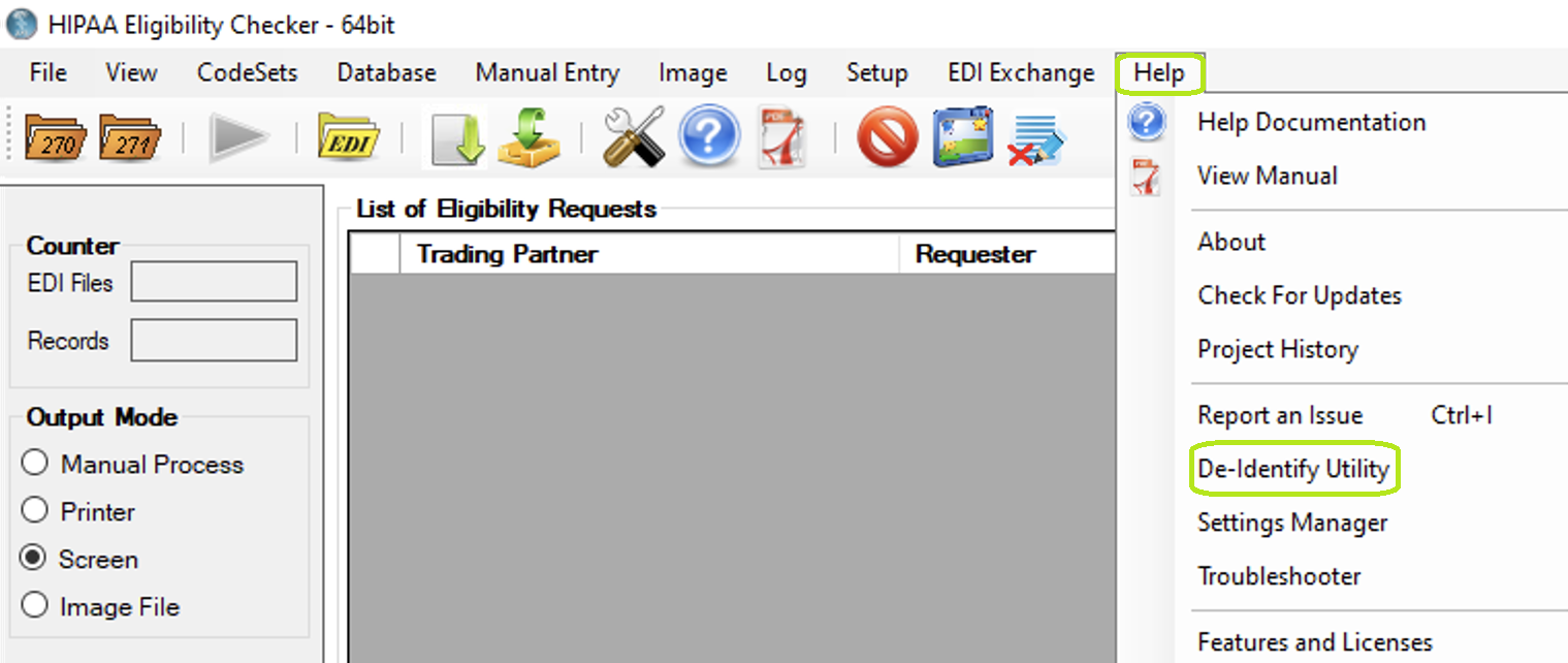 The "De-Identify Utility" menu. The "De-Identify Utility" menu.
