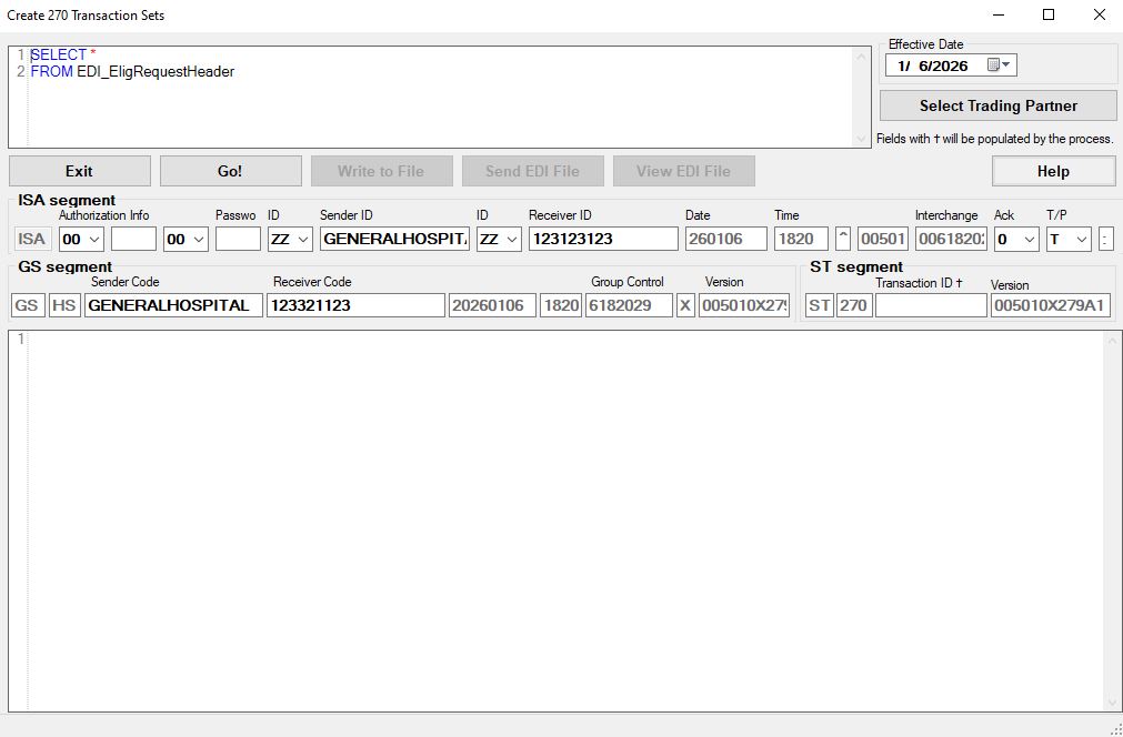The "Create 270 Transaction Sets" window.