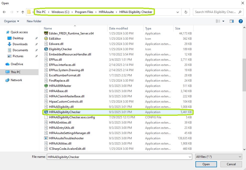 The path to the HIPAA Eligibility Checker application folder.