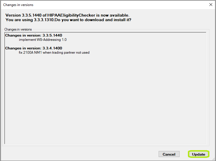 The "Changes in Versions" window. The "Changes in Versions" window.