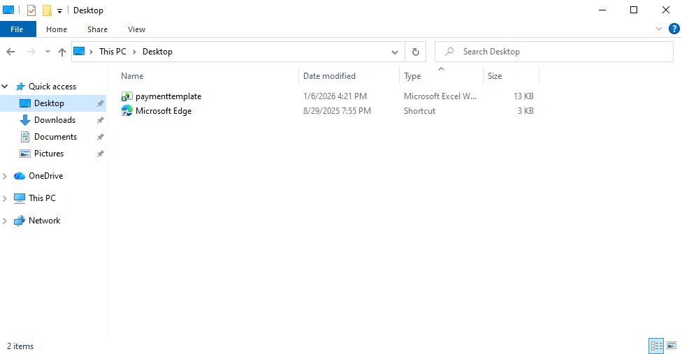 A window will open showing the location of the template spreadsheet. A window will open showing the location of the template spreadsheet.