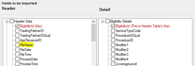 The "Import claims from excel or text file: setup" with the "FileName" unchecked. The "Import claims from excel or text file: setup" with the "FileName" unchecked.