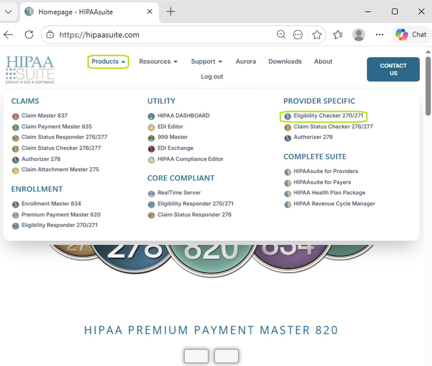 The "Eligibility Checker 270-271" option is under the Products drop-down menu. The "Eligibility Checker 270-271" option is under the Products drop-down menu.