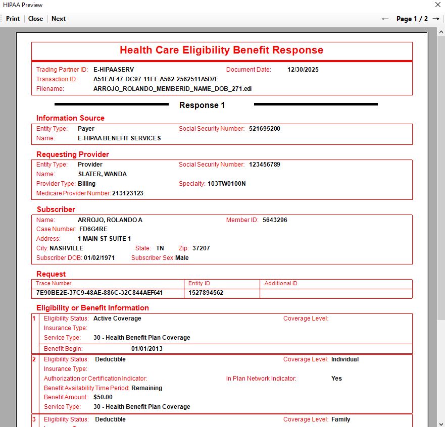 Eligibility Benefit Response example.