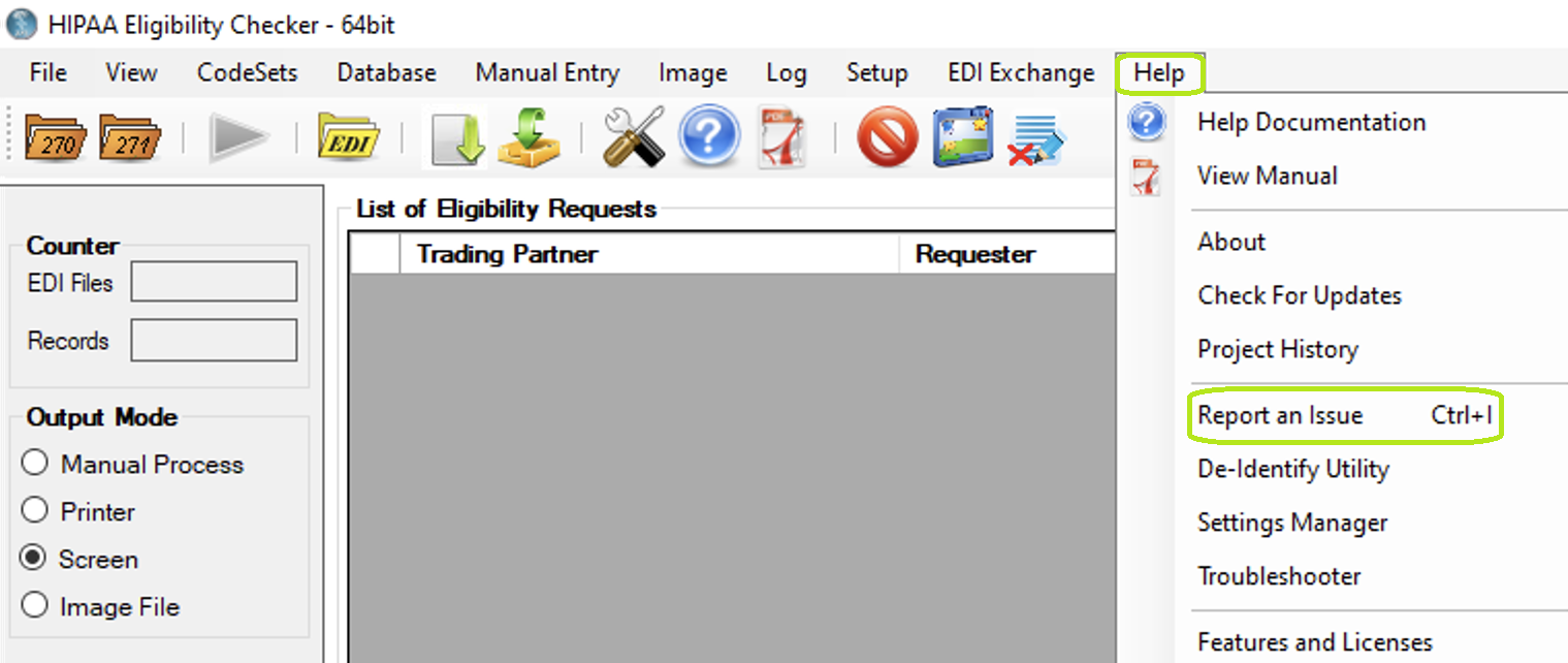 "Reporting an Issue" in main menu. "Reporting an Issue" in main menu.