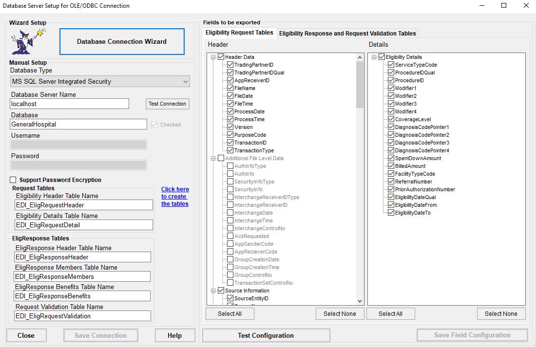 The "Database Server Setup for OLE/ODBC Connection" window.