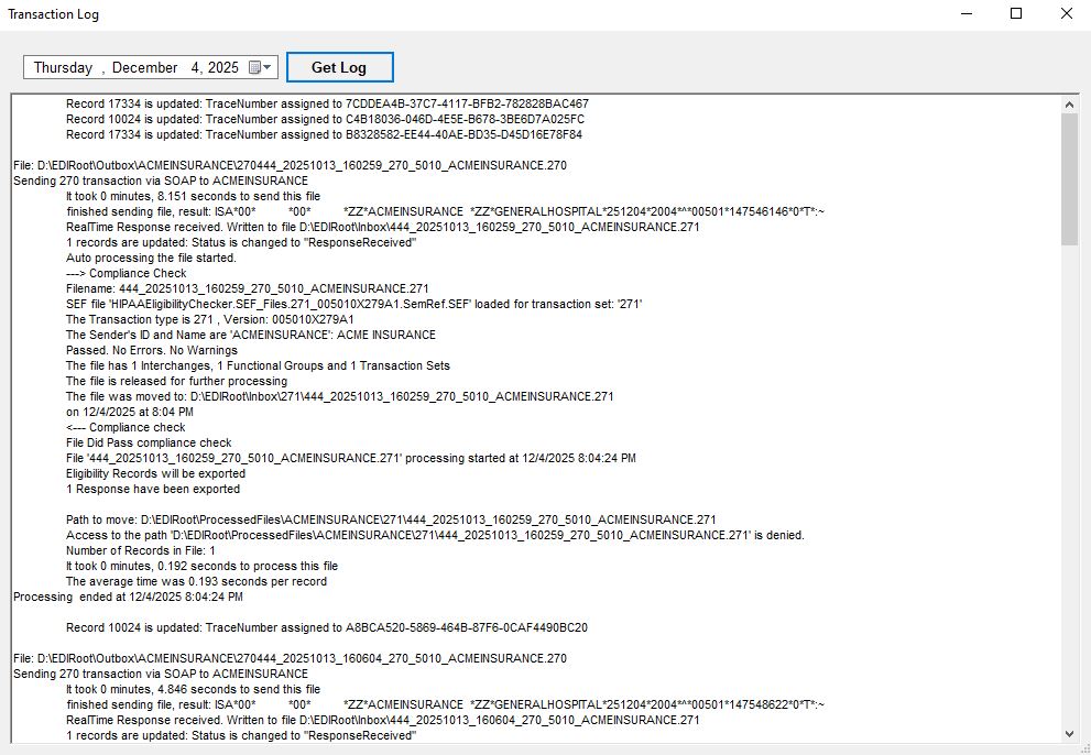 The "Transaction Log" window with results.