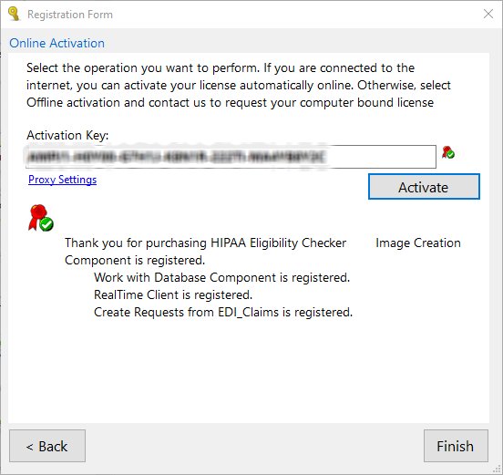 The "Registration Form" window with a successful key activation for a trial renewal.