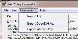 The "Export OpenSSH key" option is under the "Conversions" tab.