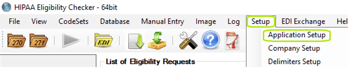  The "Setup" menu and "Application Setup" button.