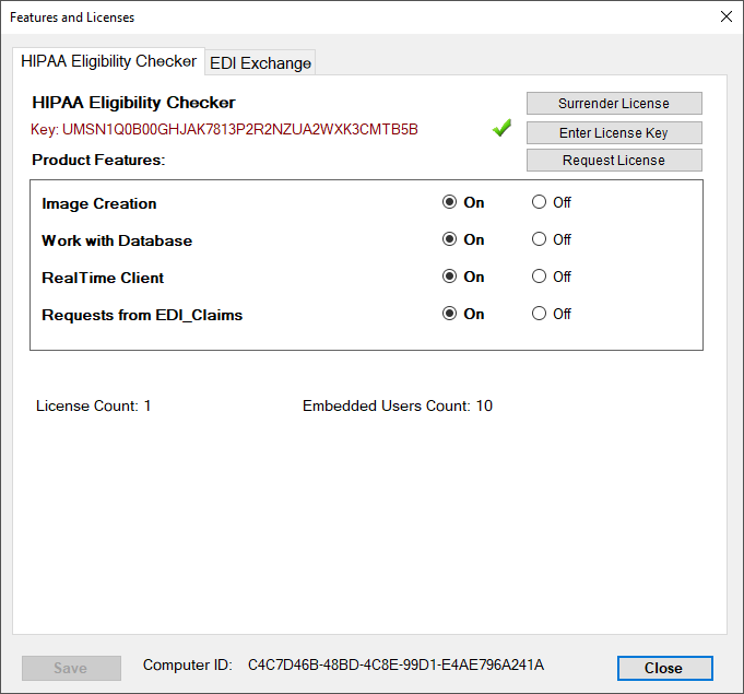 The "Features and Licenses" window provides different options to customize the application and add-ons.
