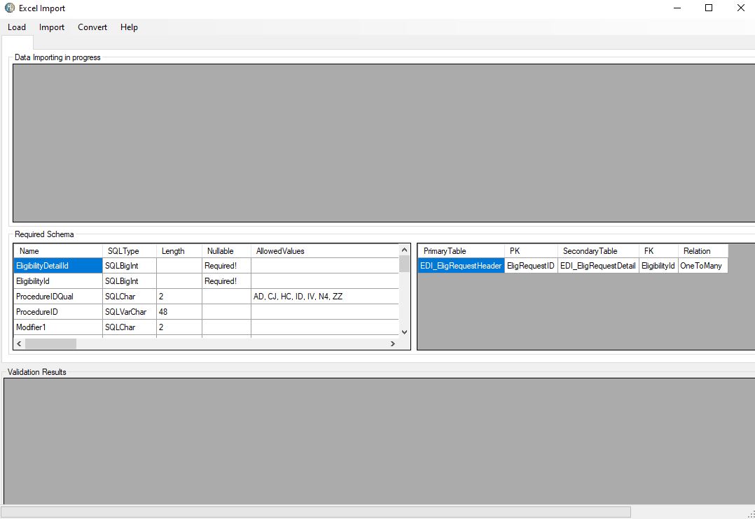 The “Excel Import” window. The “Excel Import” window.