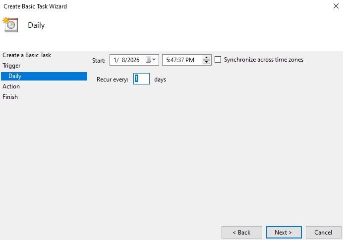 Determine a starting date, the time of day you want it to run, and how often you want this task to be completed.
