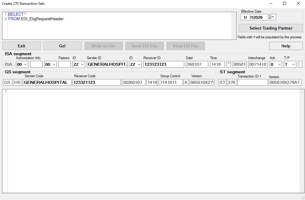 The "Create 270 Transaction Sets" window.