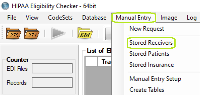 "Stored Receivers" under "Manual Entry" in the main menu.