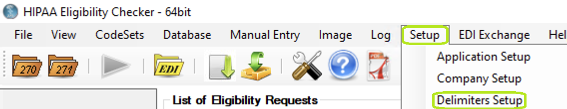The "Setup" menu and "Delimiters Setup" button.
