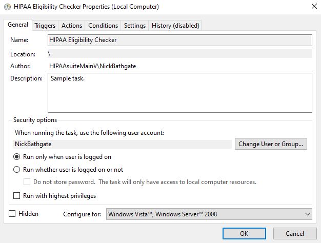 The "HIPAA Eligibility Checker Properties (Local Computer)" window.
