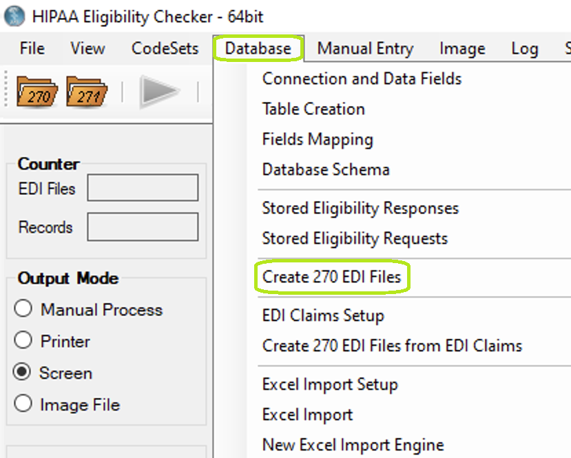 "Create 270 EDI Files" option under "Database" menu. "Create 270 EDI Files" option under "Database" menu.