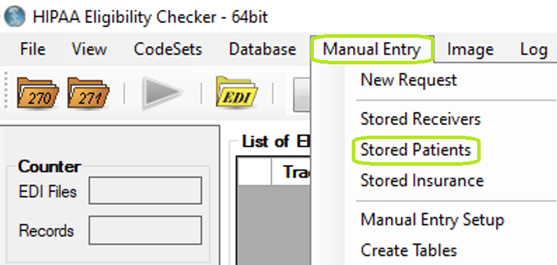 "Stored Patients" under "Manual Entry" in the main menu.