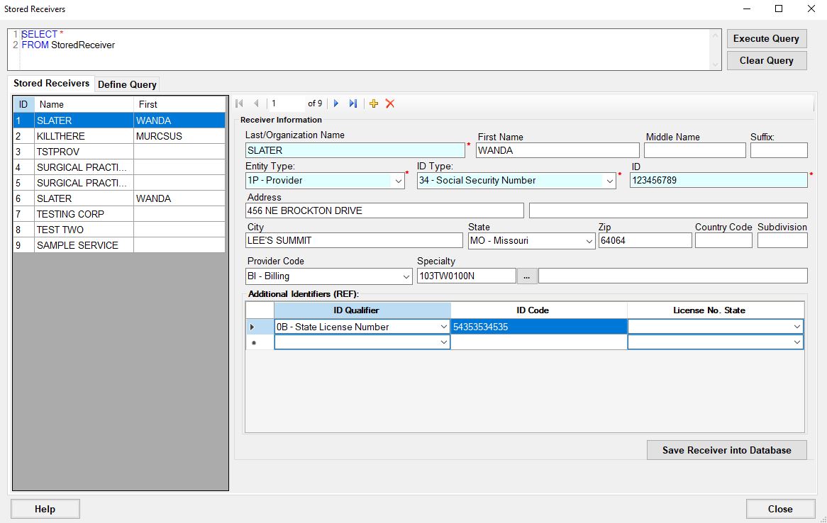 "Stored Receiver" window.