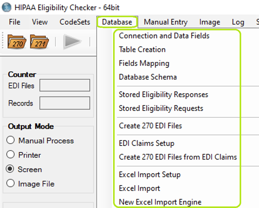 The "Database" tab and options in the main window.