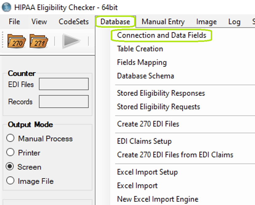 The "Connection and Data Fields" option is under the "Database" tab.