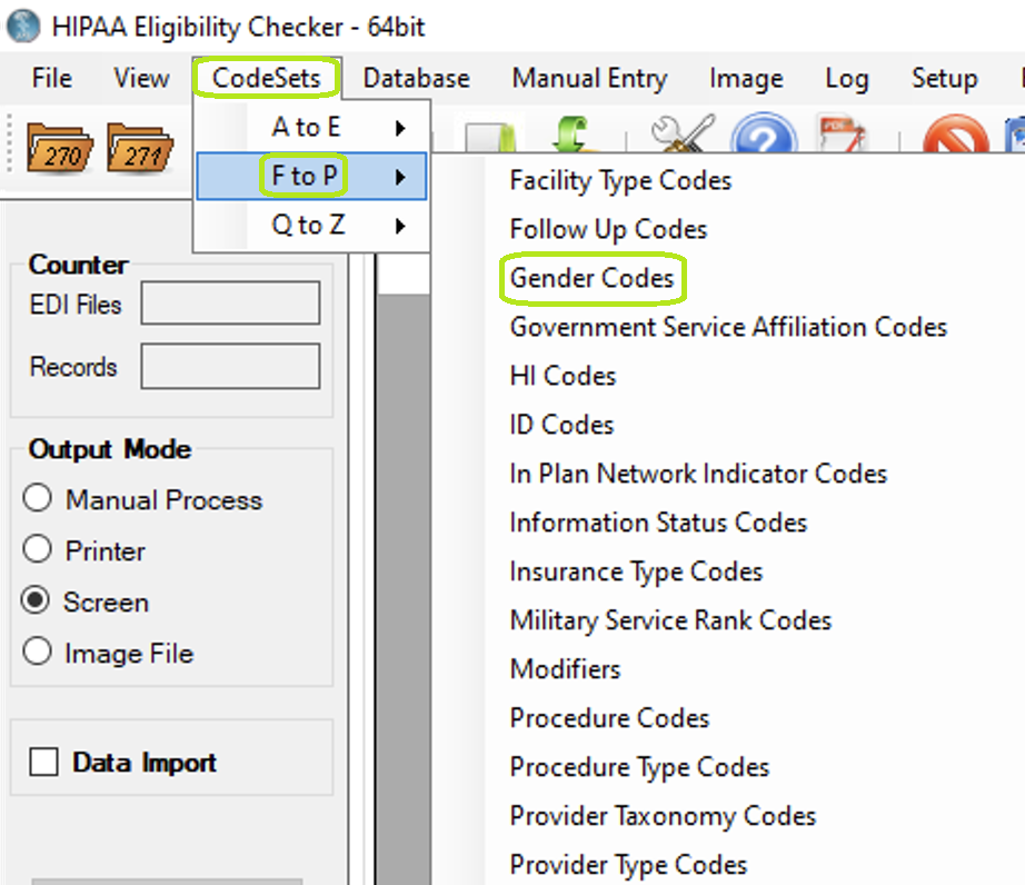 The "Gender Codes" option is under the "F to P" sub-menu.