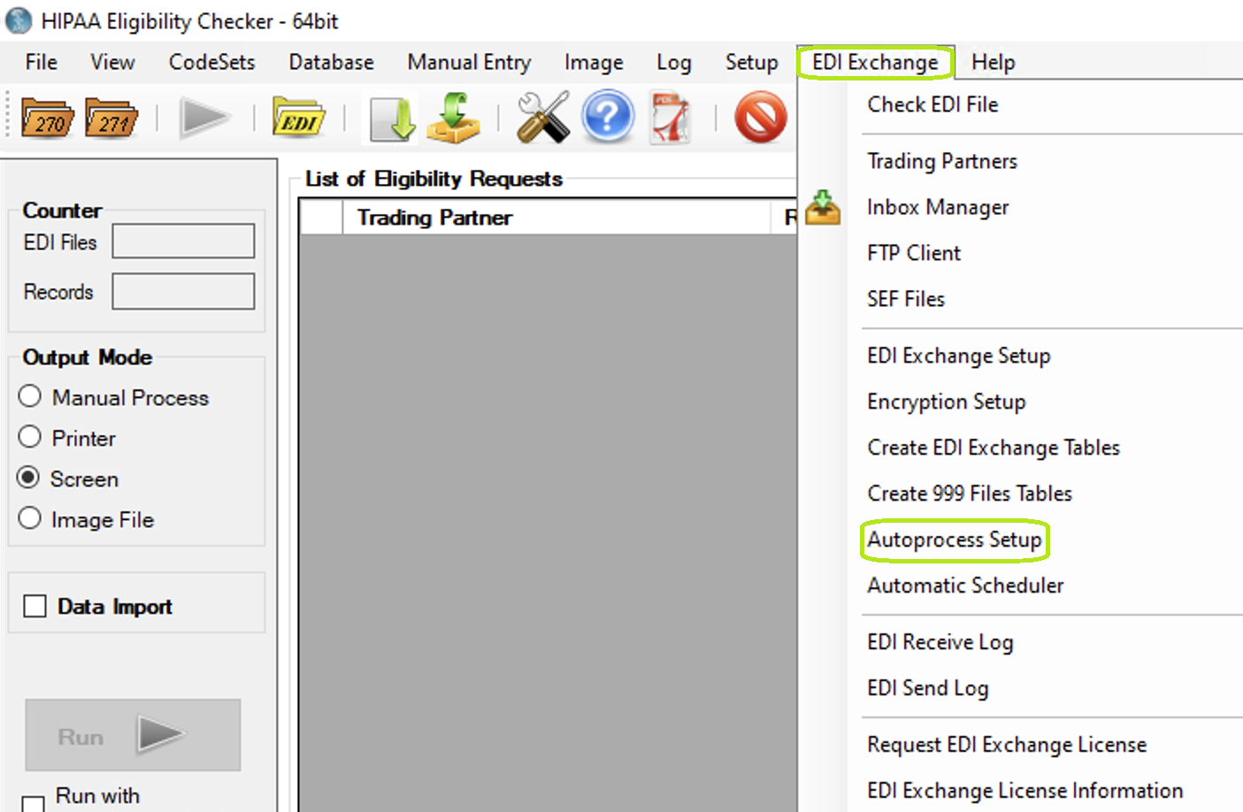 "Autoprocess Setup" option in the "EDI Exchange" menu.
