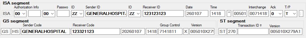 The different EDI segments available to fill out.