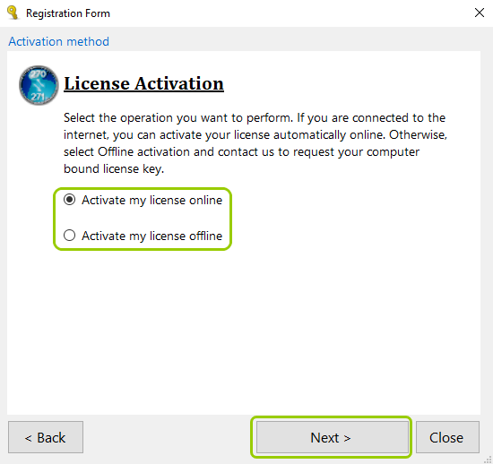 Choose between online or offline activation.